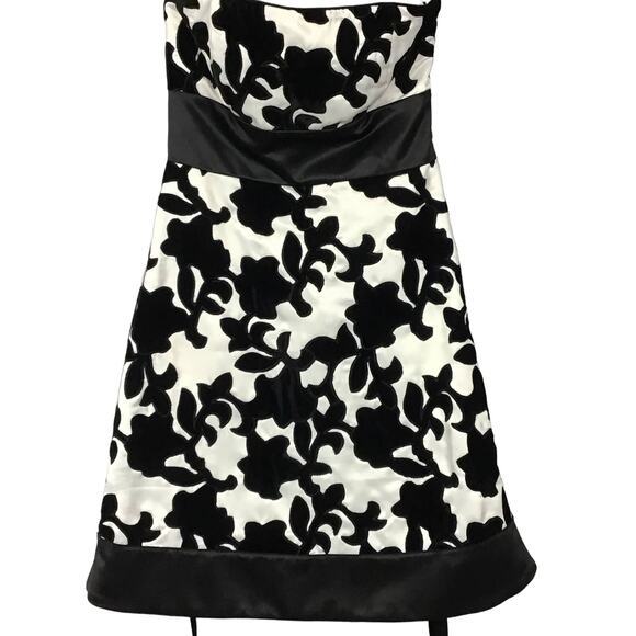 WHBM White House Black Market Strapless Satin Velvet Black White Mini Dress sz 0 - Picture 2 of 14